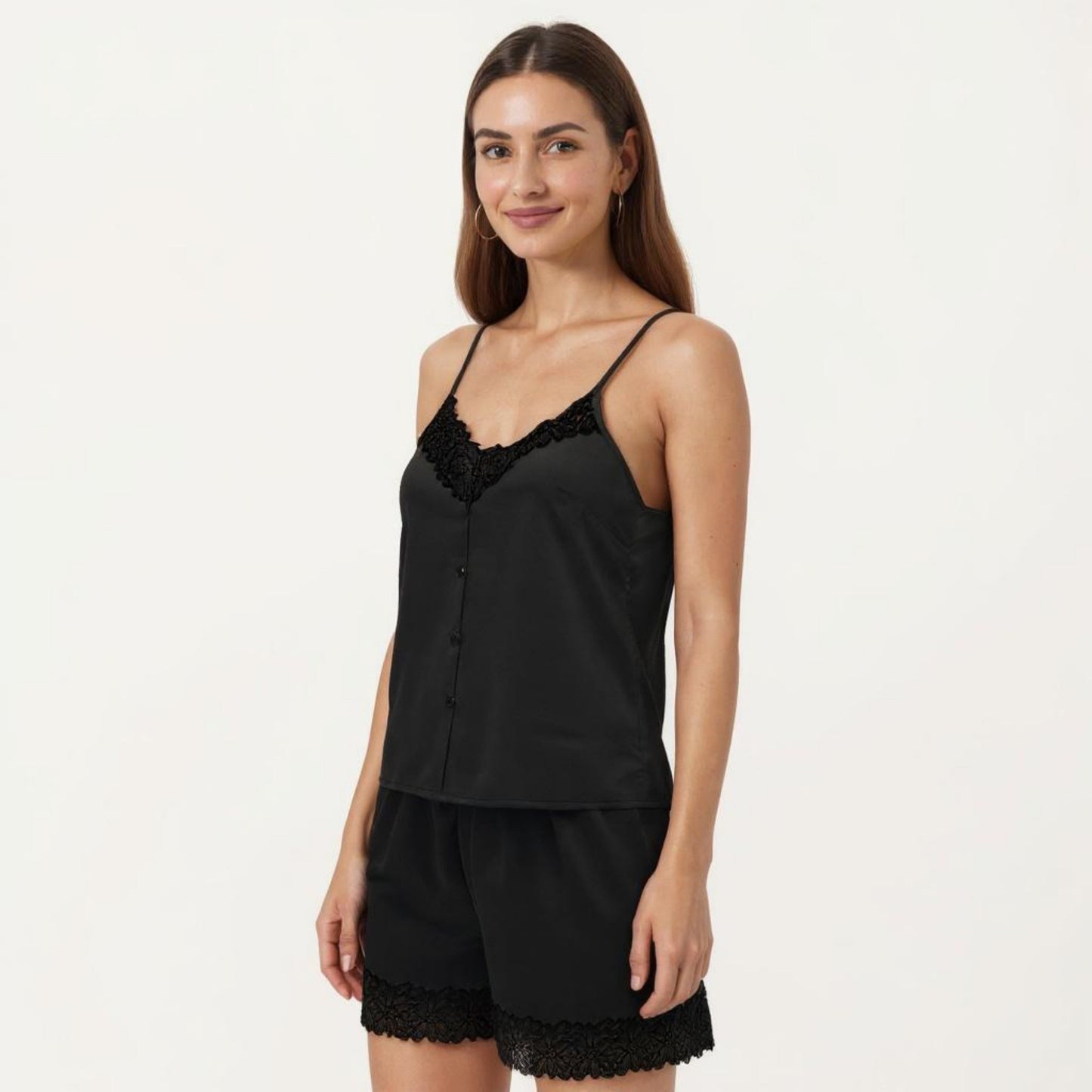2-Piece Set Smooth Pajama Camisole Top and Shorts with Lace Trim Button Front