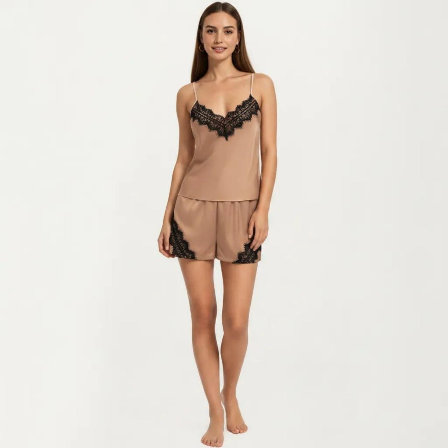 2-Piece Set Satin Pajama Camisole Top and Shorts with Contrast Lace Trim Adjustable Straps