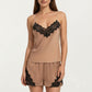 2-Piece Set Satin Pajama Camisole Top and Shorts with Contrast Lace Trim Adjustable Straps