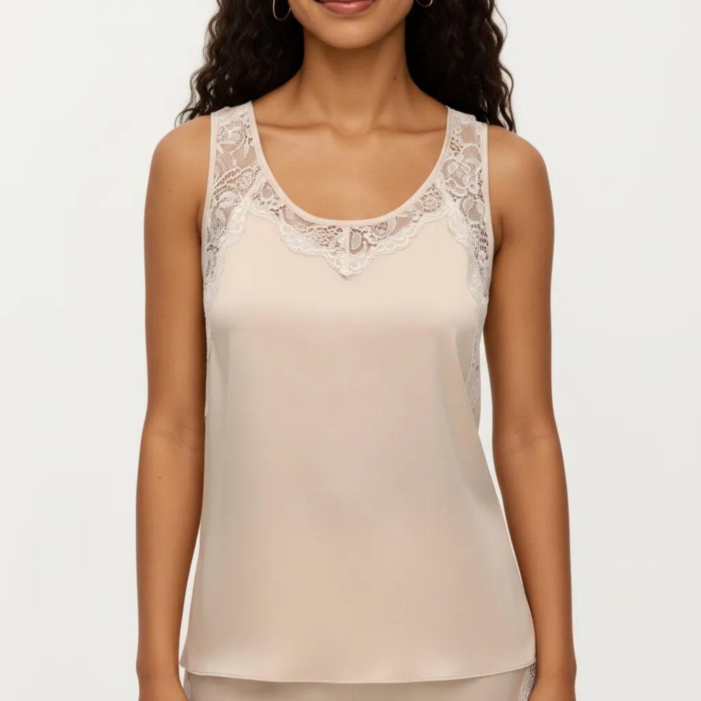 2-Piece Set Satin Pajama Tank Top and Shorts with Lace Trim Sleeveless Relaxed Fit Sleepwear