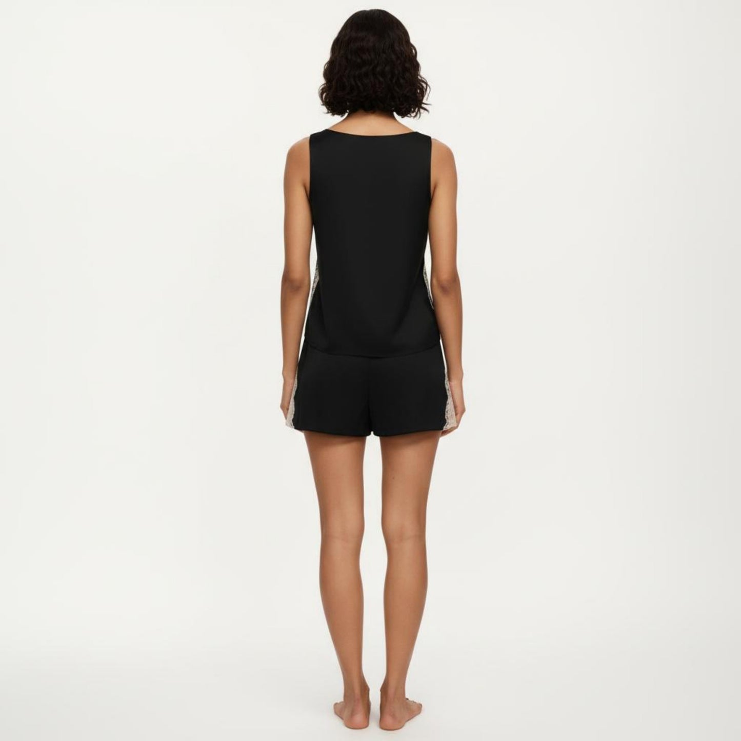 2-Piece Set Satin Pajama Tank Top and Shorts with Lace Trim Sleeveless Relaxed Fit Sleepwear