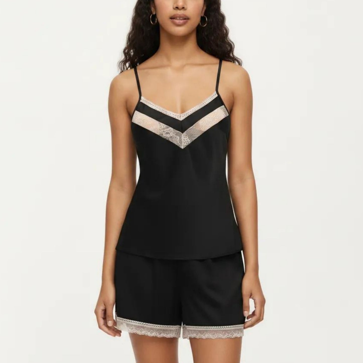 2-Piece Set Satin Pajama Camisole Top and Shorts with Contrast Lace Trim Adjustable Straps