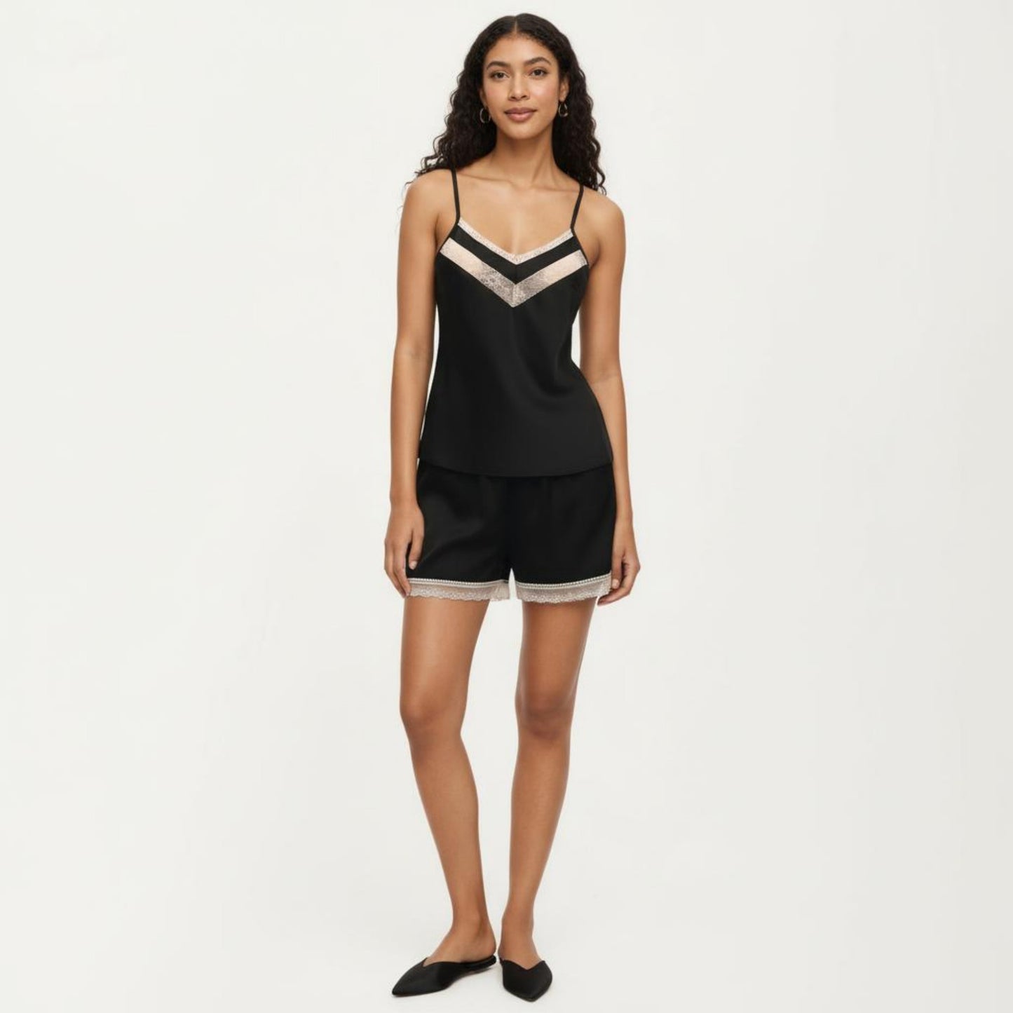 2-Piece Set Satin Pajama Camisole Top and Shorts with Contrast Lace Trim Adjustable Straps