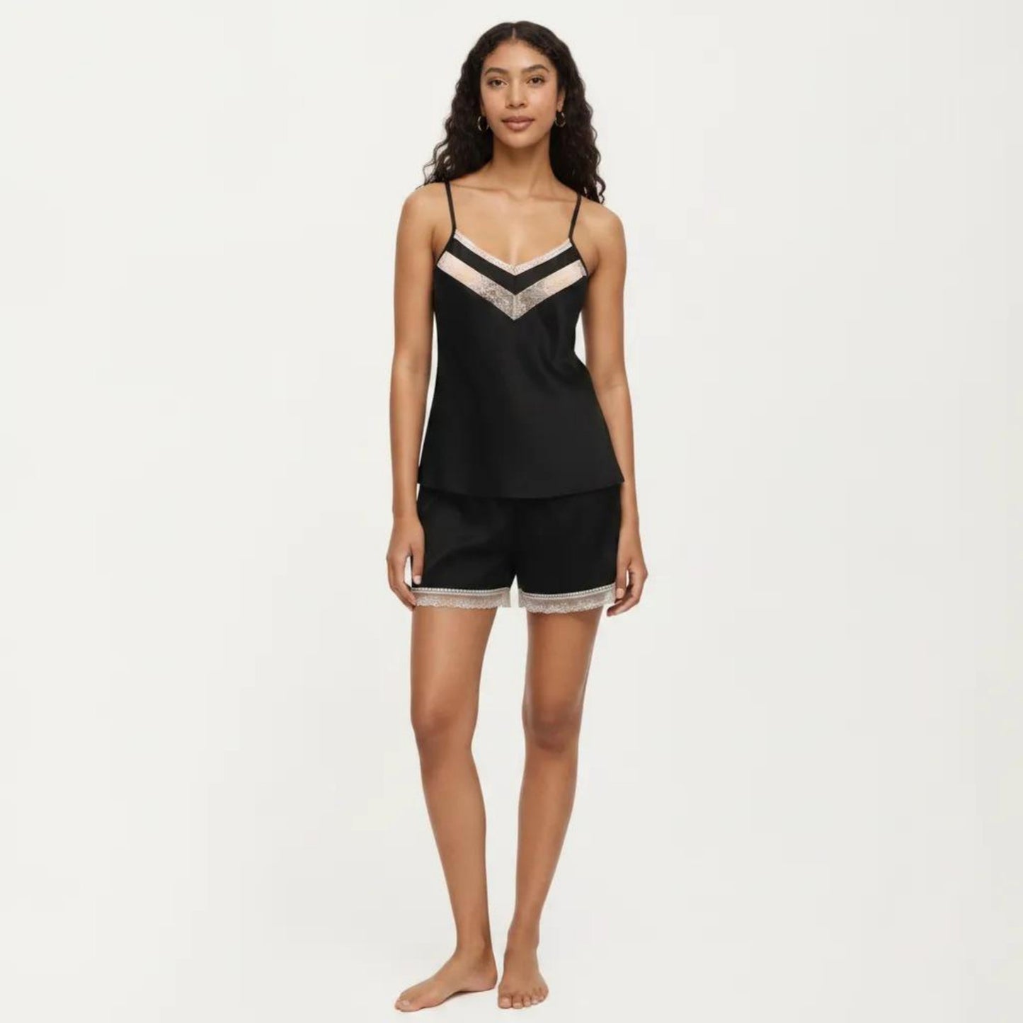 2-Piece Set Satin Pajama Camisole Top and Shorts with Contrast Lace Trim Adjustable Straps