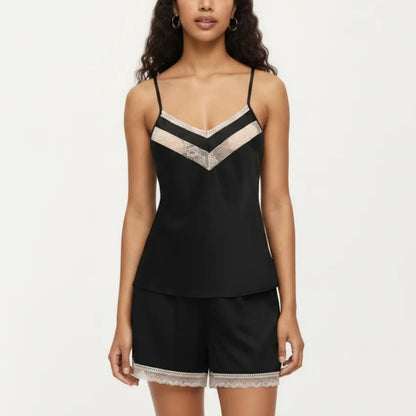 2-Piece Set Satin Pajama Camisole Top and Shorts with Contrast Lace Trim Adjustable Straps