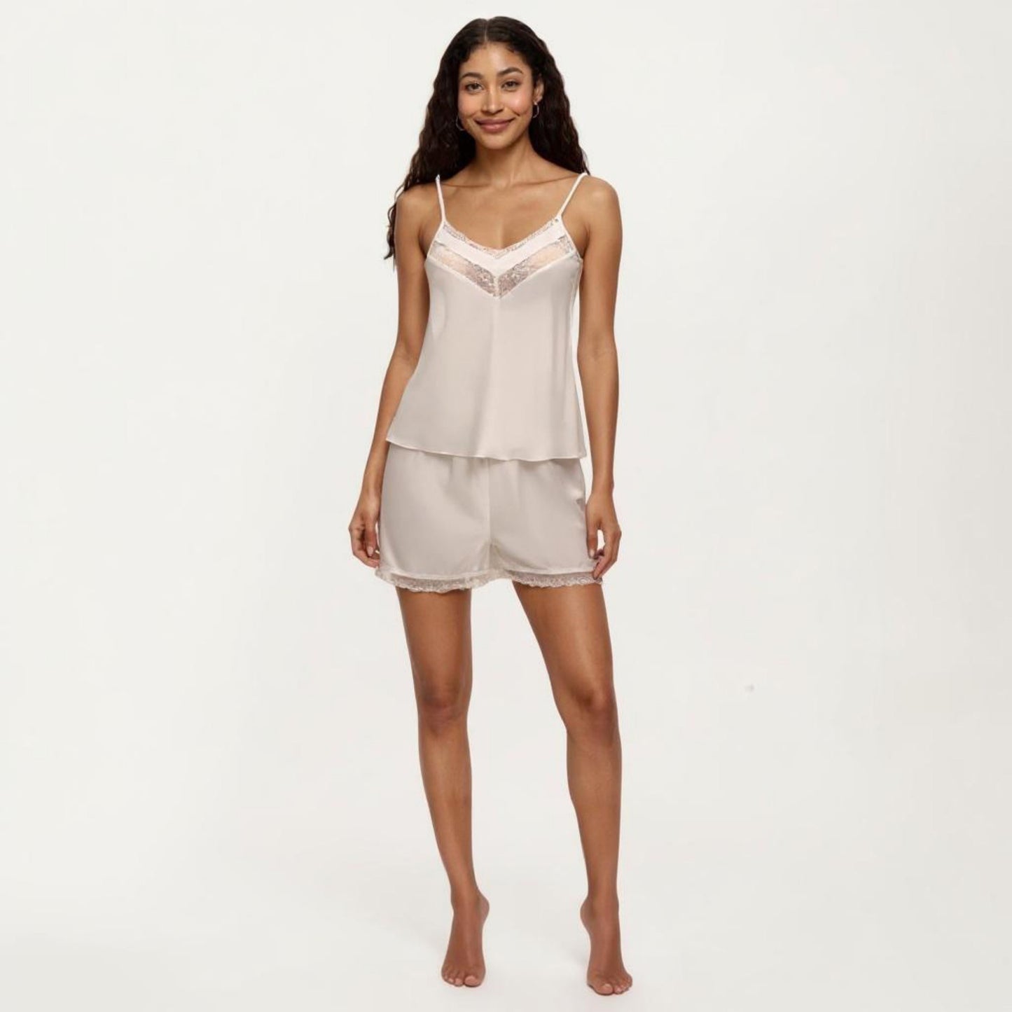 2-Piece Set Satin Pajama Camisole Top and Shorts with Contrast Lace Trim Adjustable Straps