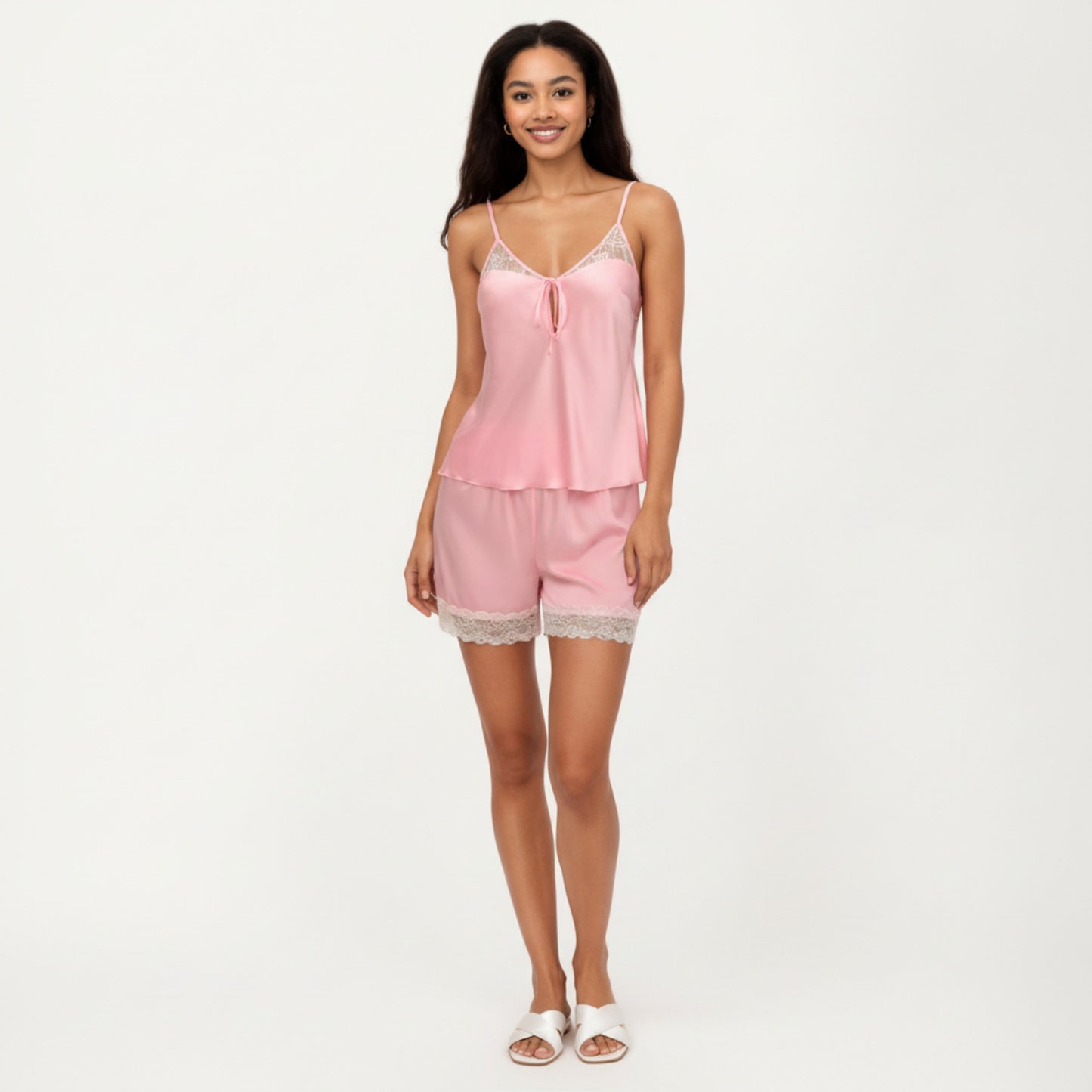2-Piece Set Satin Pajama Camisole Top and Shorts with Lace Trim Adjustable Straps Sleepwear