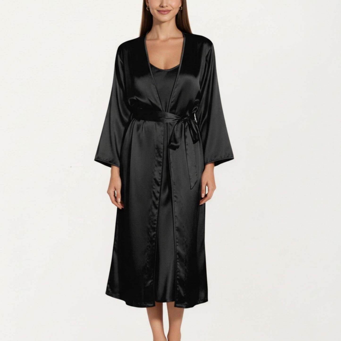 2-Piece Set Satin Sleepwear Slip Dress with Matching Long Sleeve Robe Silky Pajama Set