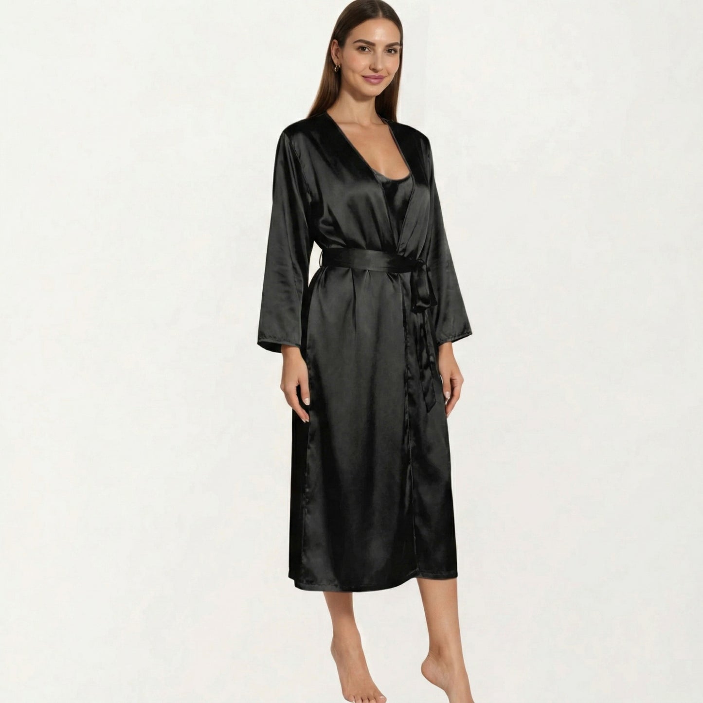 2-Piece Set Satin Sleepwear Slip Dress with Matching Long Sleeve Robe Silky Pajama Set