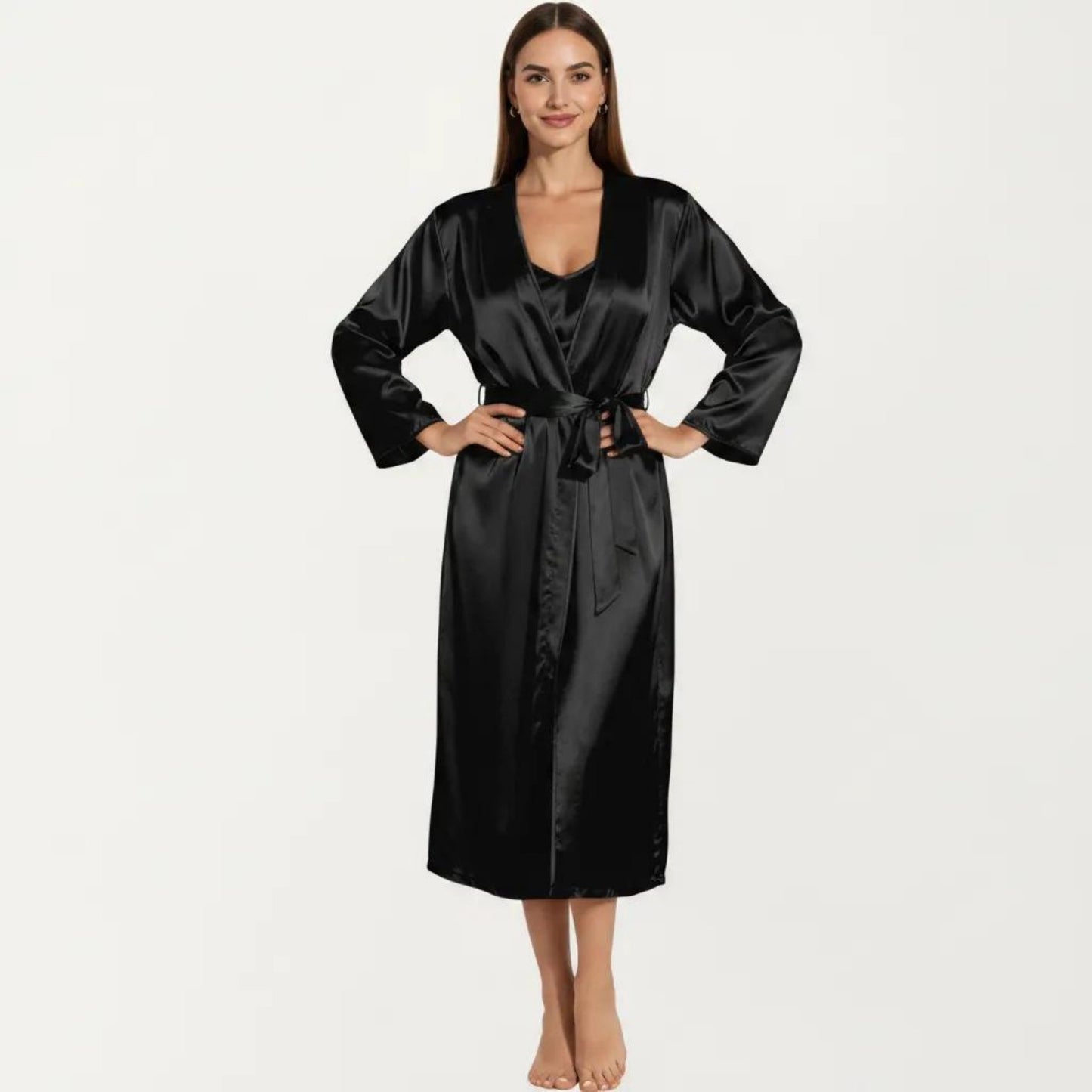 2-Piece Set Satin Sleepwear Slip Dress with Matching Long Sleeve Robe Silky Pajama Set
