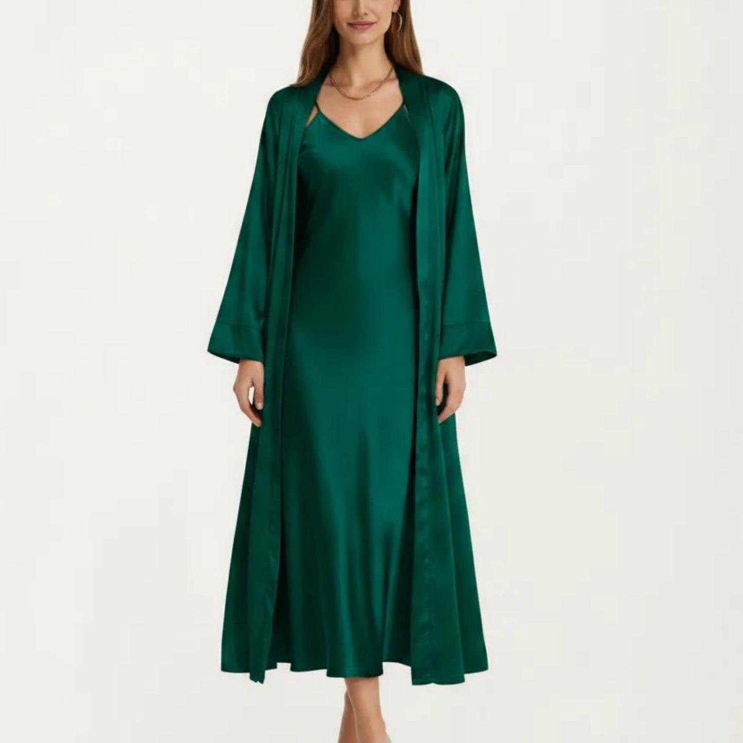 2-Piece Set Satin Sleepwear Slip Dress with Matching Long Sleeve Robe Silky Pajama Set