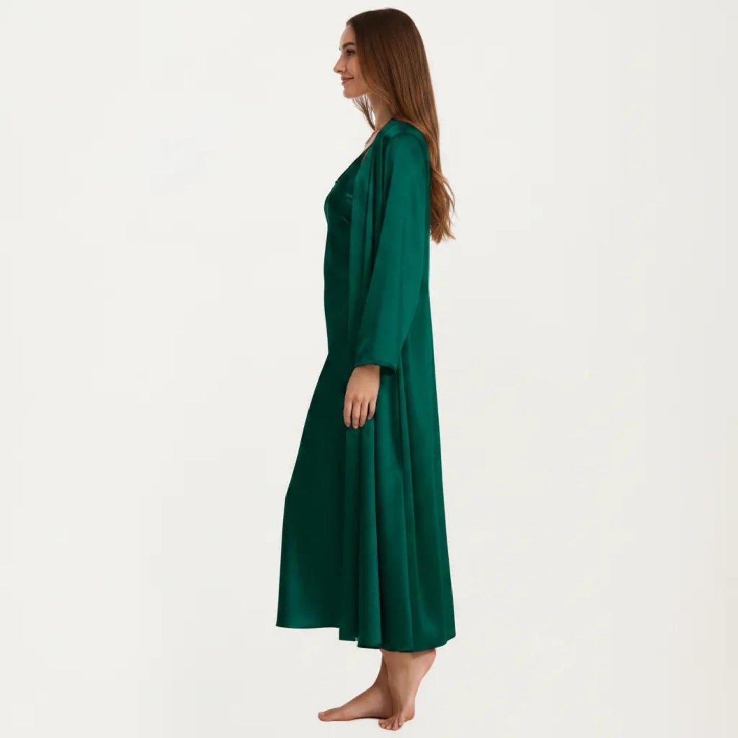 2-Piece Set Satin Sleepwear Slip Dress with Matching Long Sleeve Robe Silky Pajama Set