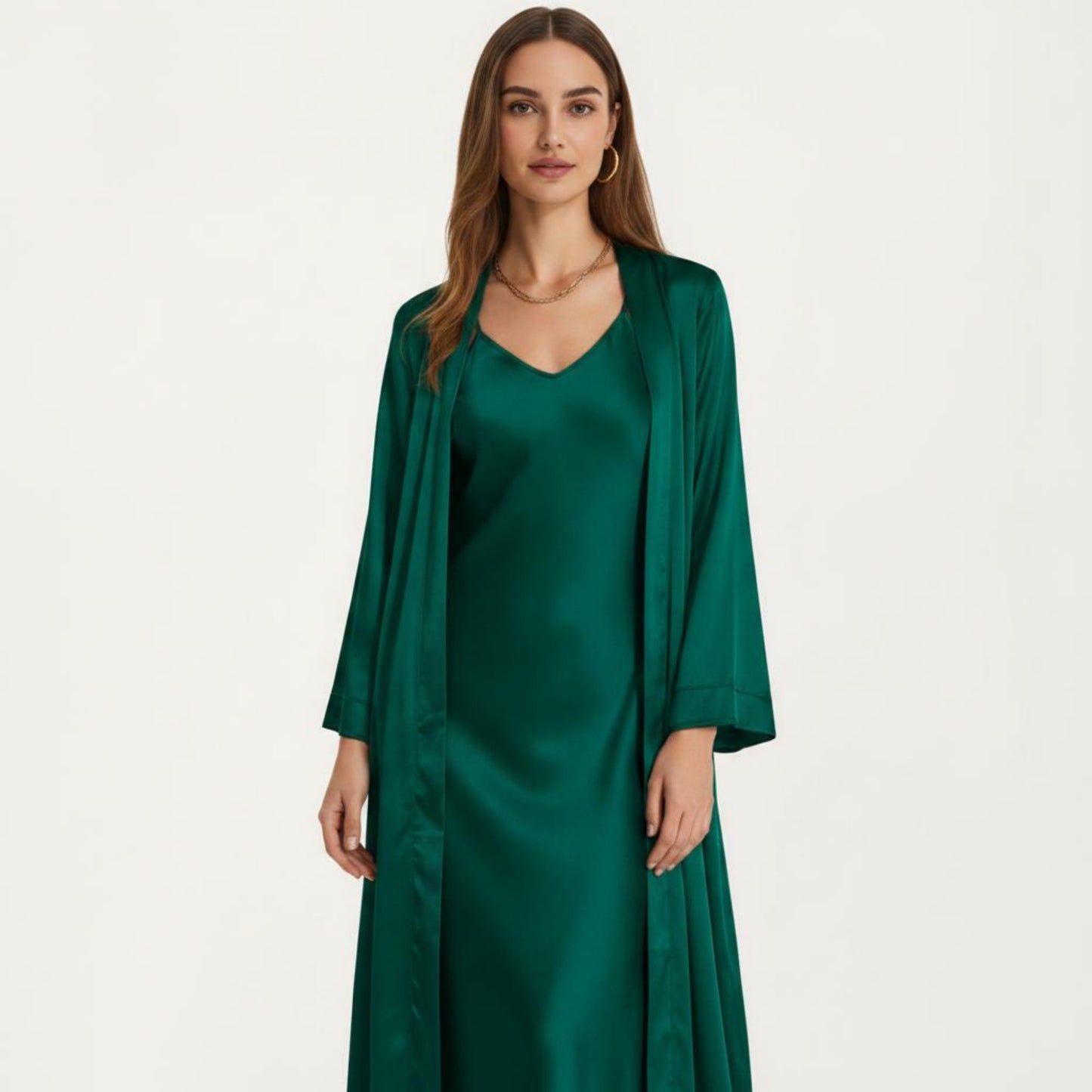 2-Piece Set Satin Sleepwear Slip Dress with Matching Long Sleeve Robe Silky Pajama Set