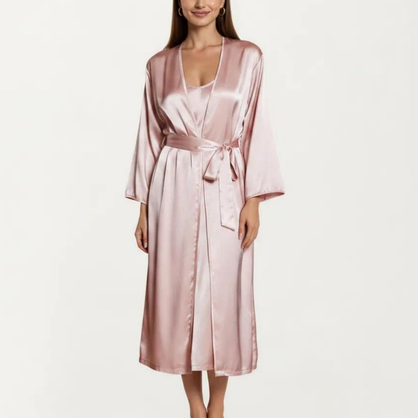 2-Piece Set Satin Sleepwear Slip Dress with Matching Long Sleeve Robe Silky Pajama Set