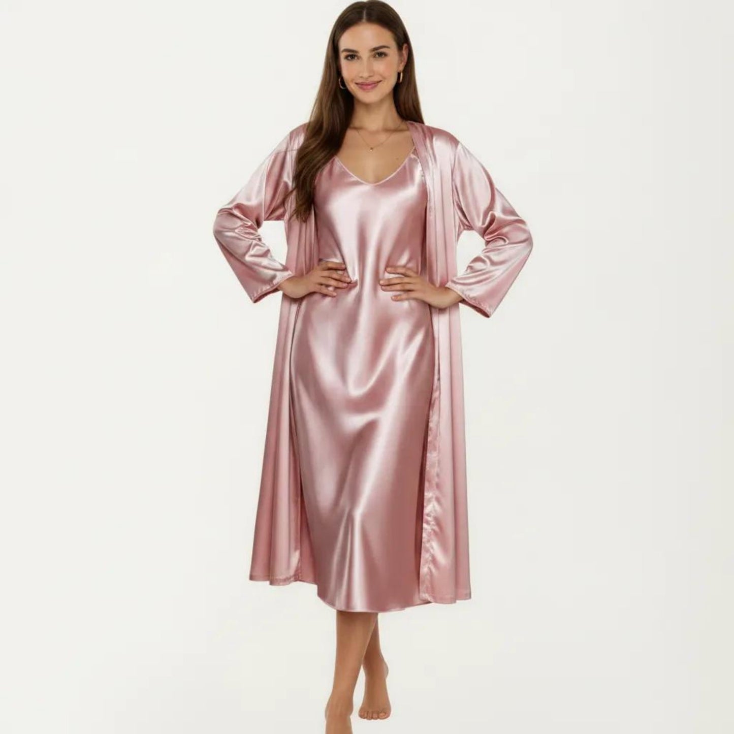 2-Piece Set Satin Sleepwear Slip Dress with Matching Long Sleeve Robe Silky Pajama Set