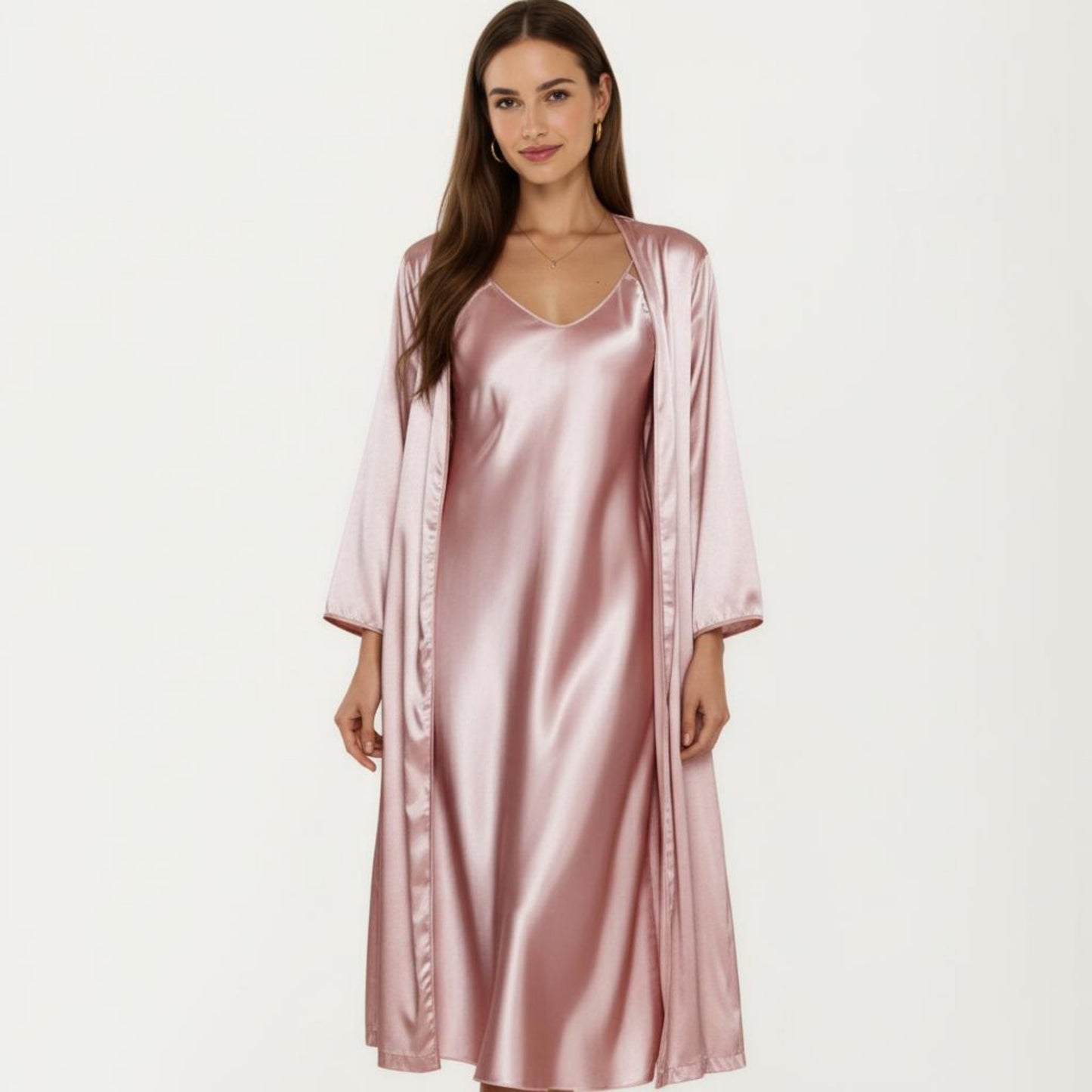 2-Piece Set Satin Sleepwear Slip Dress with Matching Long Sleeve Robe Silky Pajama Set