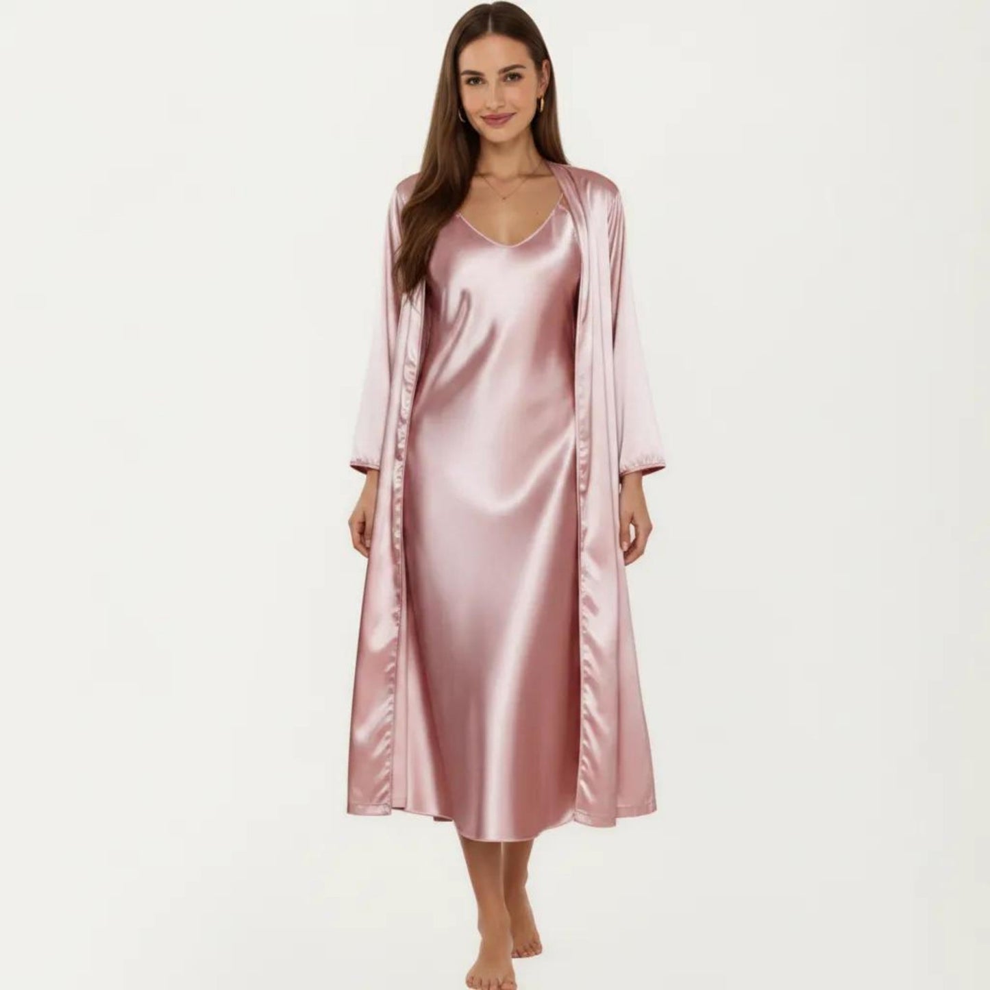 2-Piece Set Satin Sleepwear Slip Dress with Matching Long Sleeve Robe Silky Pajama Set