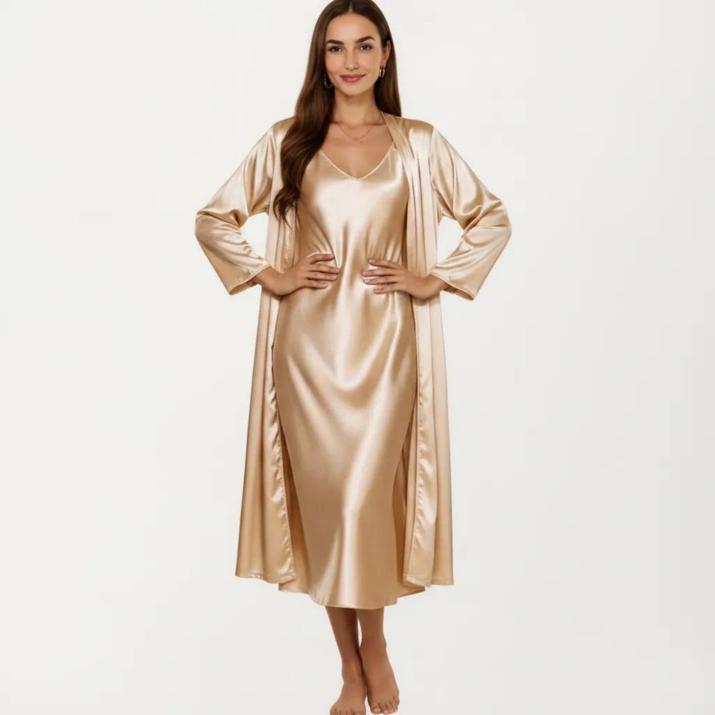 2-Piece Set Satin Sleepwear Slip Dress with Matching Long Sleeve Robe Silky Pajama Set
