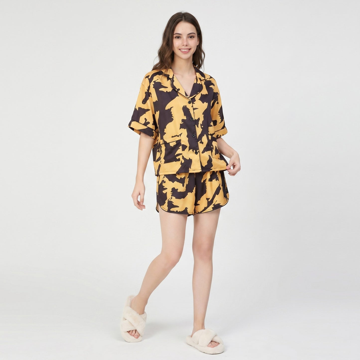 2-Piece Abstract Print Short Pajama Set with Button Front Top and Matching Shorts