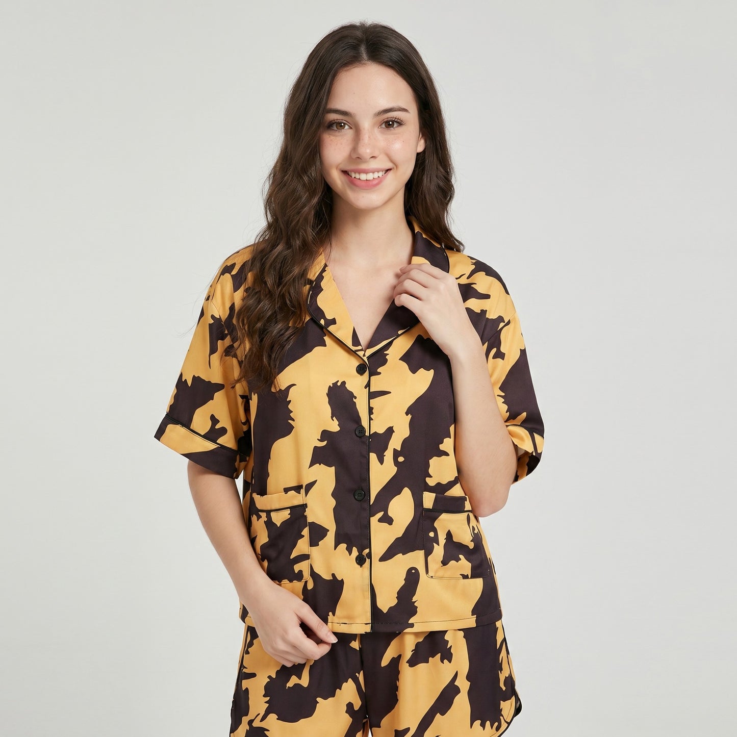 2-Piece Abstract Print Short Pajama Set with Button Front Top and Matching Shorts