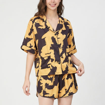 2-Piece Abstract Print Short Pajama Set with Button Front Top and Matching Shorts