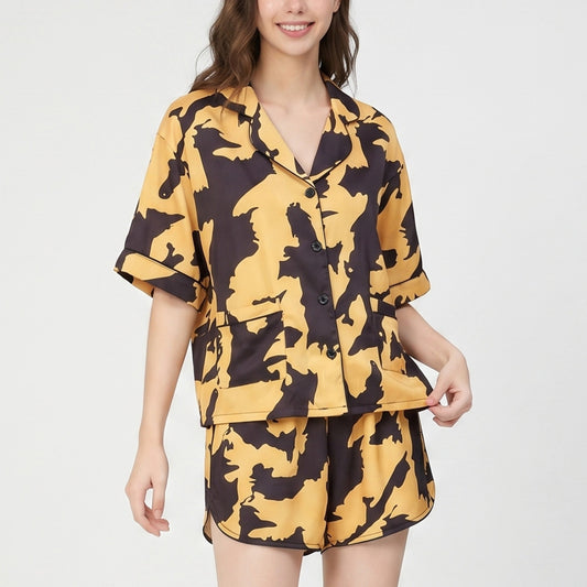 2-Piece Abstract Print Short Pajama Set with Button Front Top and Matching Shorts