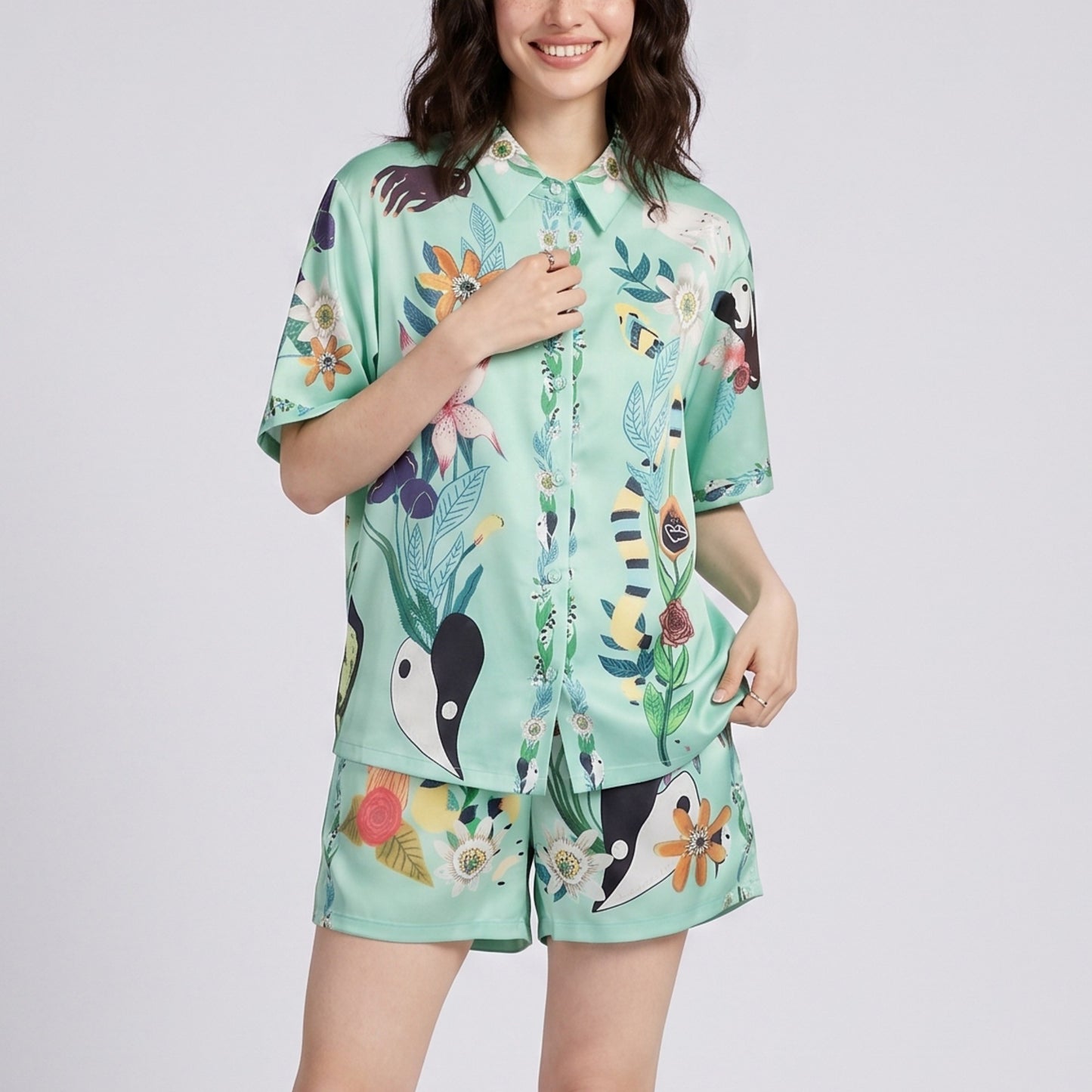 2-Piece Botanical Short Pajama Set with Button Front Top and Matching Shorts