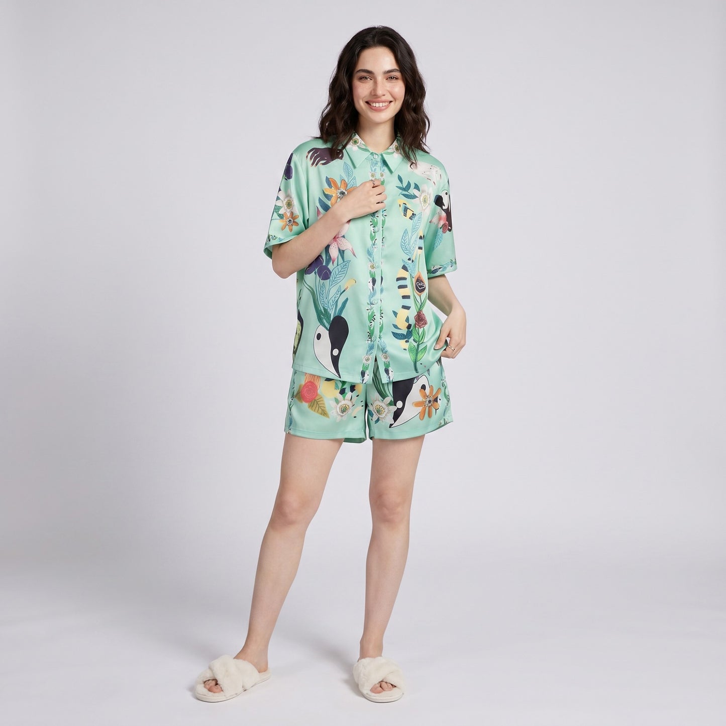 2-Piece Botanical Short Pajama Set with Button Front Top and Matching Shorts