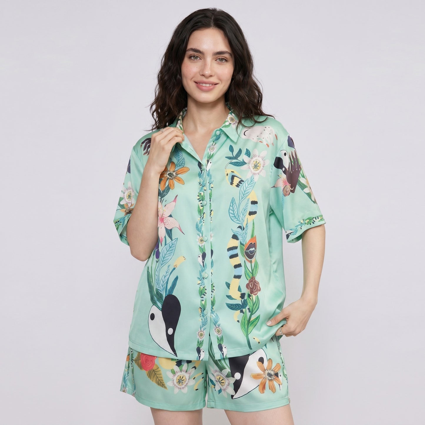 2-Piece Botanical Short Pajama Set with Button Front Top and Matching Shorts