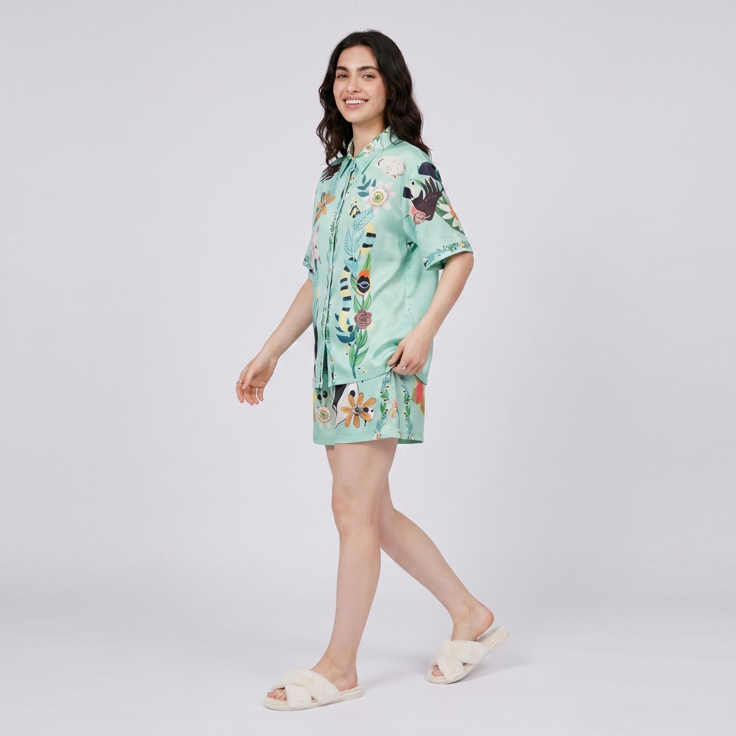 2-Piece Botanical Short Pajama Set with Button Front Top and Matching Shorts