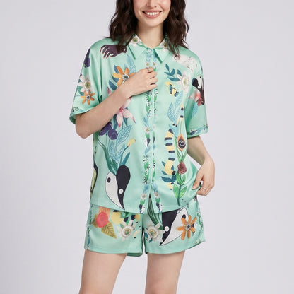 2-Piece Botanical Short Pajama Set with Button Front Top and Matching Shorts