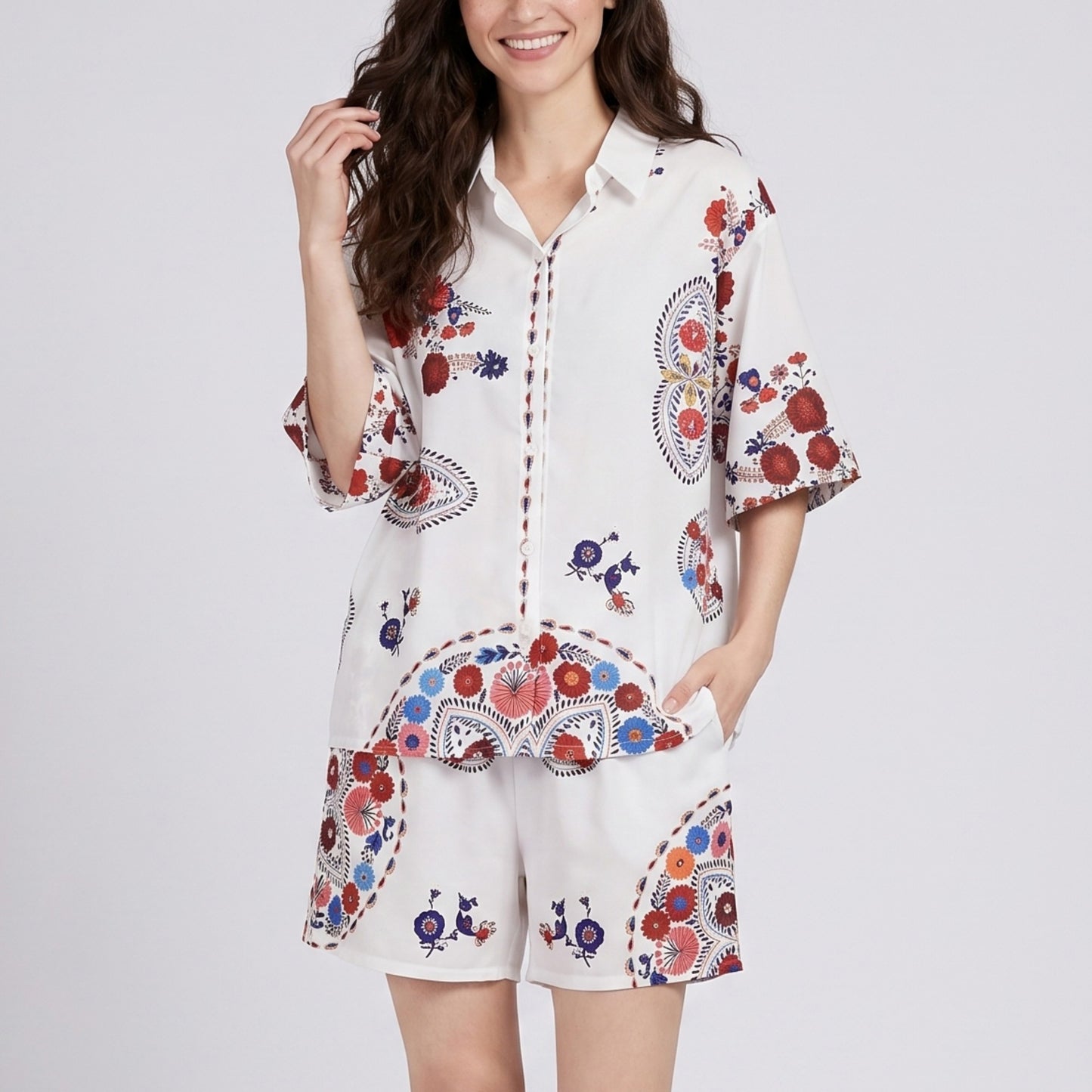 2-Piece Paisley Floral Short Pajama Set with Button Top and Matching Shorts