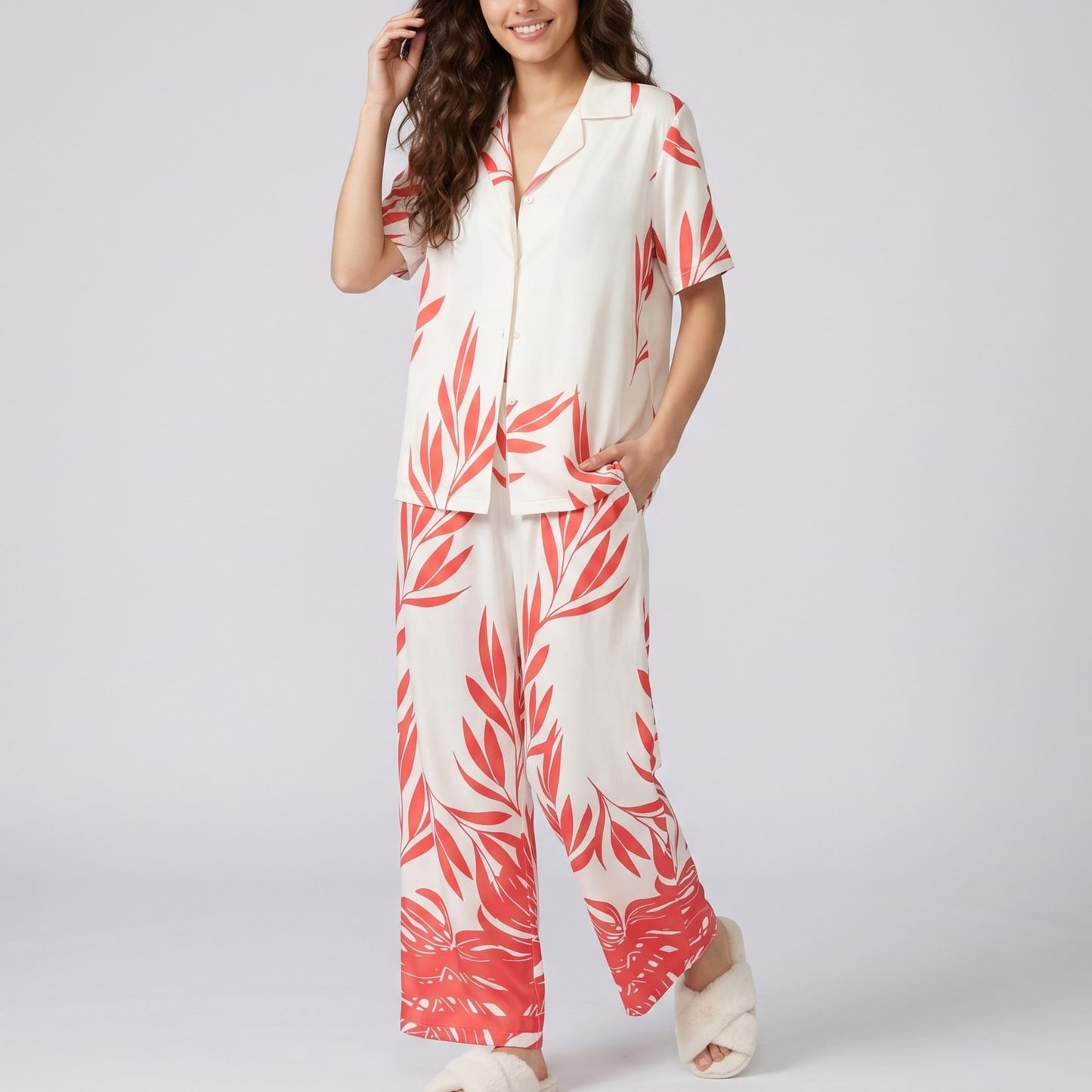 2-Piece Botanical Print Pajama Set with Short Sleeve Button Top and Wide Leg Pants