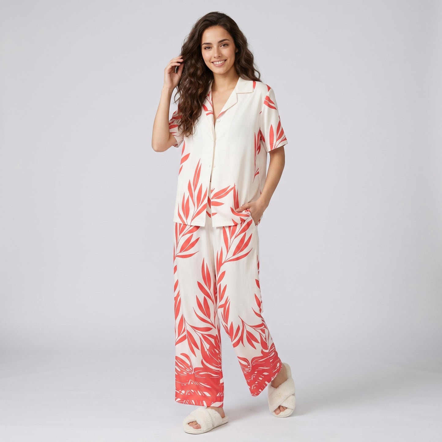 2-Piece Botanical Print Pajama Set with Short Sleeve Button Top and Wide Leg Pants