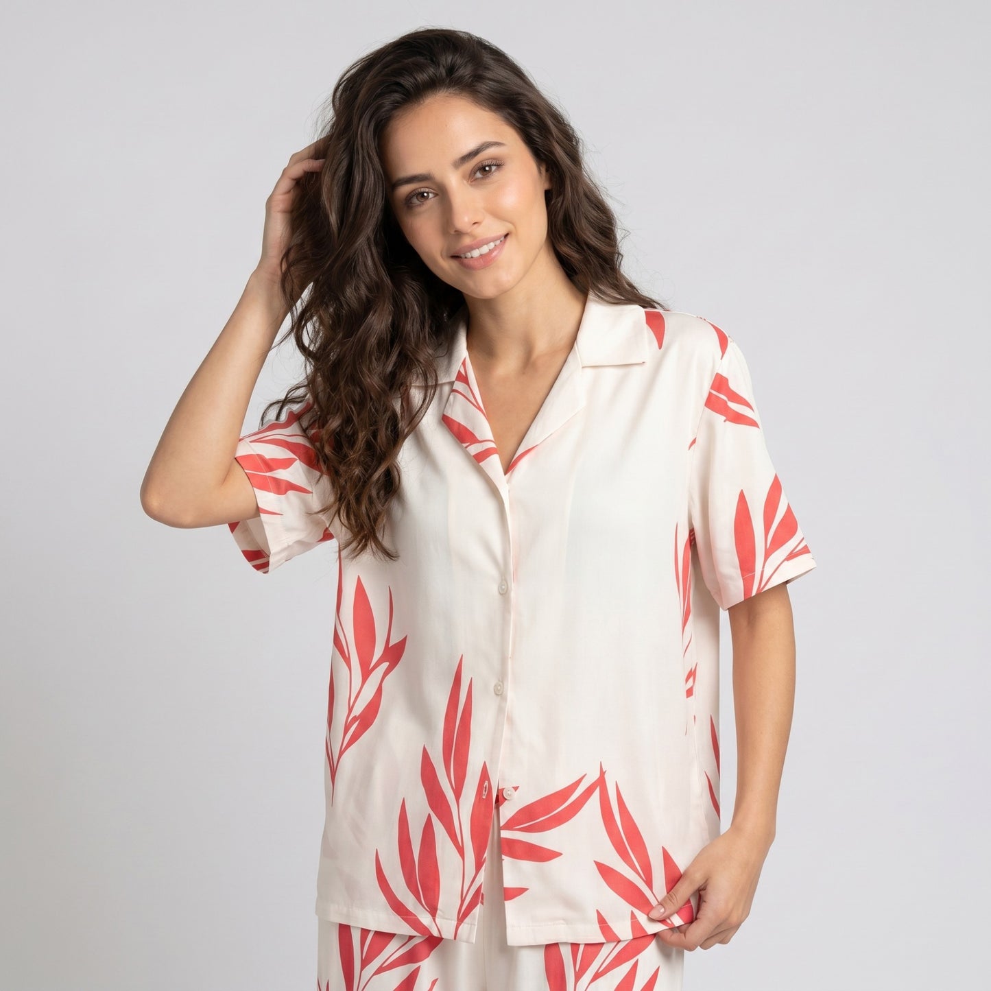 2-Piece Botanical Print Pajama Set with Short Sleeve Button Top and Wide Leg Pants