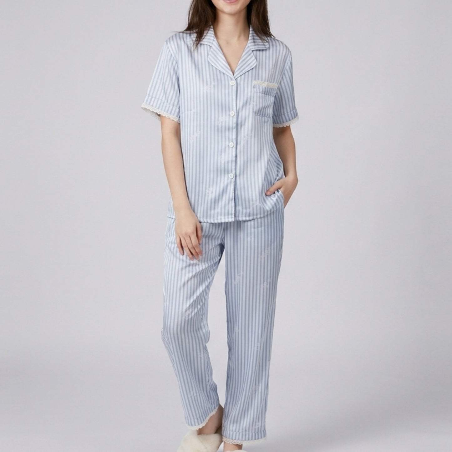 2-Piece Striped Pajama Set with Short Sleeve Button Top and Wide Leg Pants