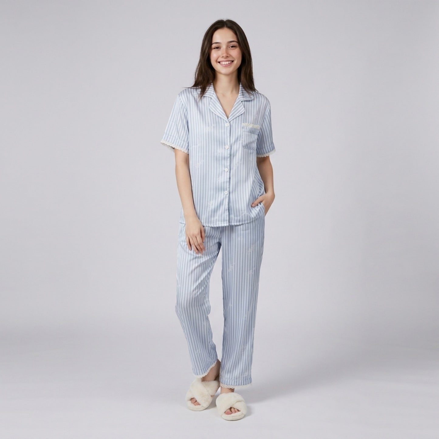 2-Piece Striped Pajama Set with Short Sleeve Button Top and Wide Leg Pants