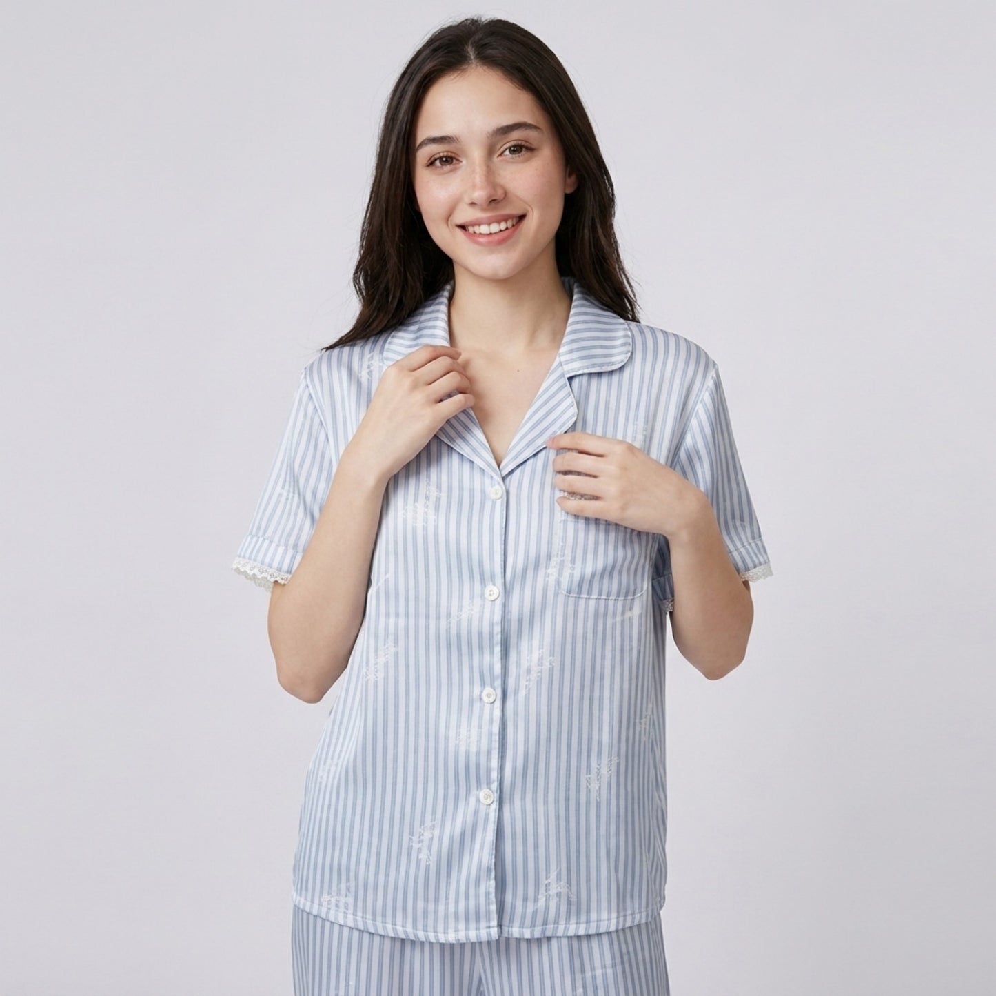 2-Piece Striped Pajama Set with Short Sleeve Button Top and Wide Leg Pants