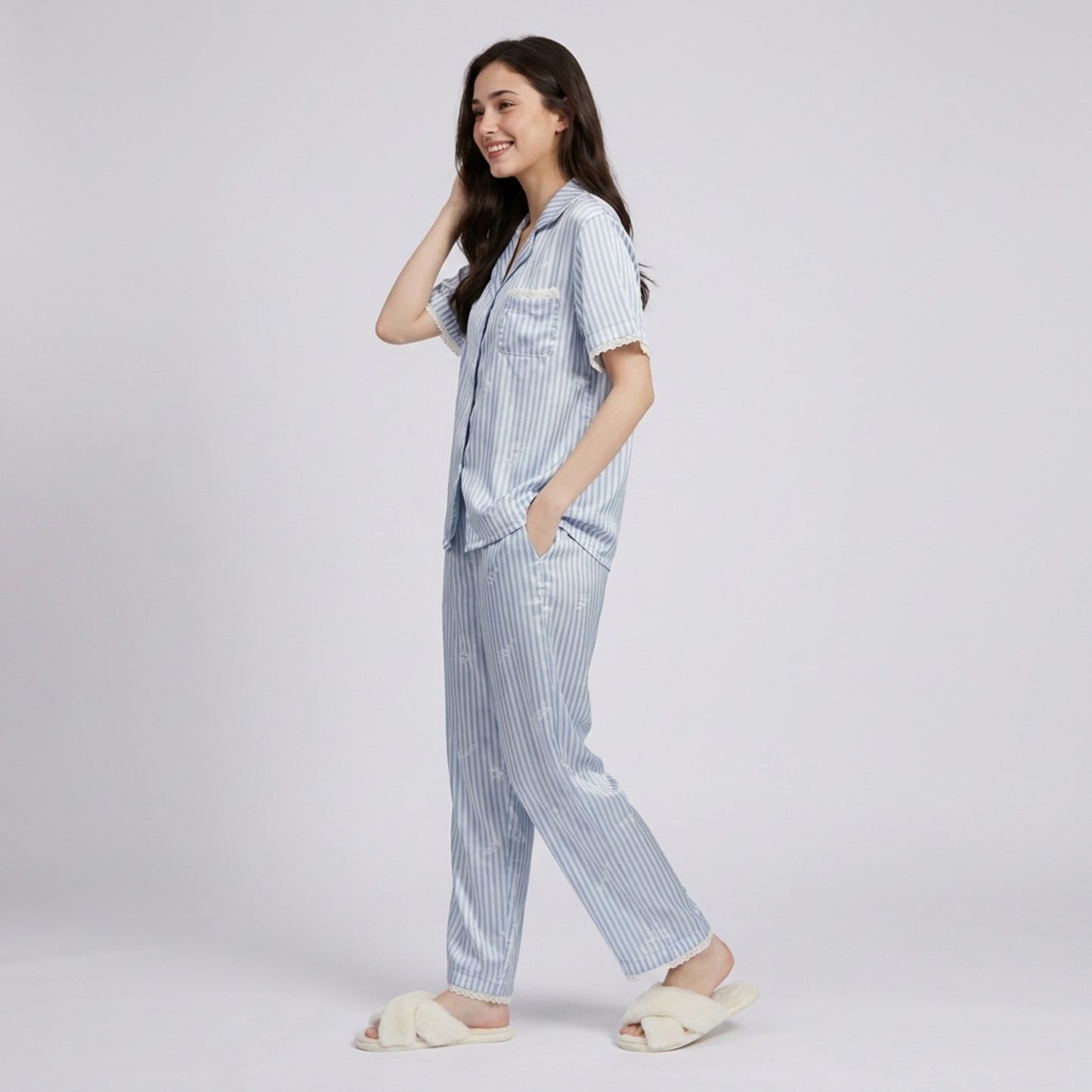 2-Piece Striped Pajama Set with Short Sleeve Button Top and Wide Leg Pants