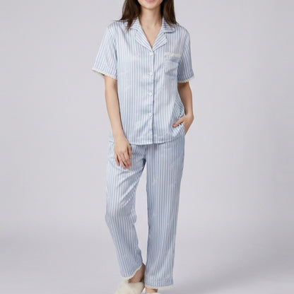 2-Piece Striped Pajama Set with Short Sleeve Button Top and Wide Leg Pants