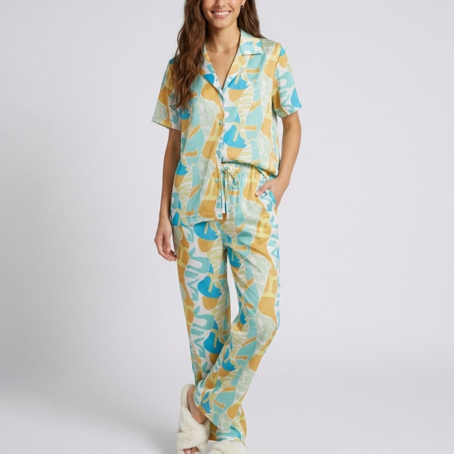 2-Piece Abstract Print Pajama Set with Short Sleeve Button Top and Wide Leg Pants