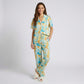 2-Piece Abstract Print Pajama Set with Short Sleeve Button Top and Wide Leg Pants