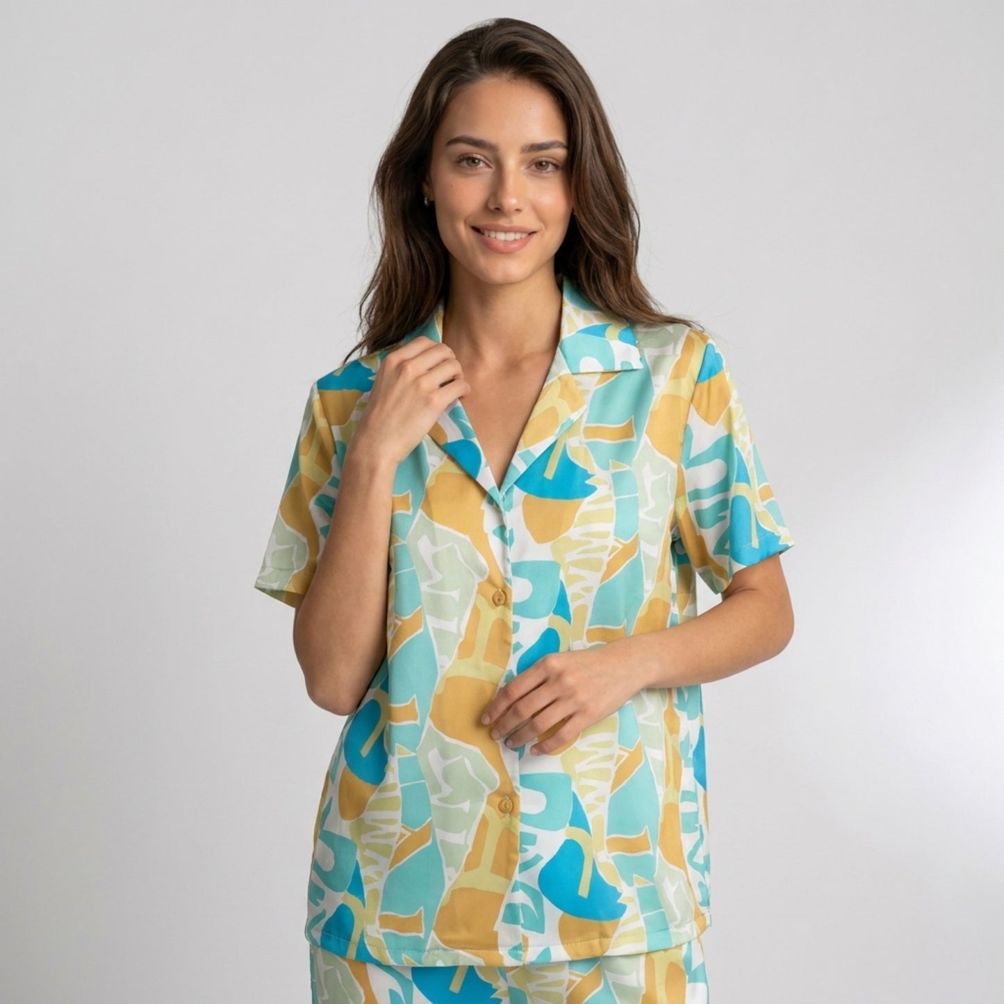 2-Piece Abstract Print Pajama Set with Short Sleeve Button Top and Wide Leg Pants