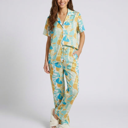 2-Piece Abstract Print Pajama Set with Short Sleeve Button Top and Wide Leg Pants