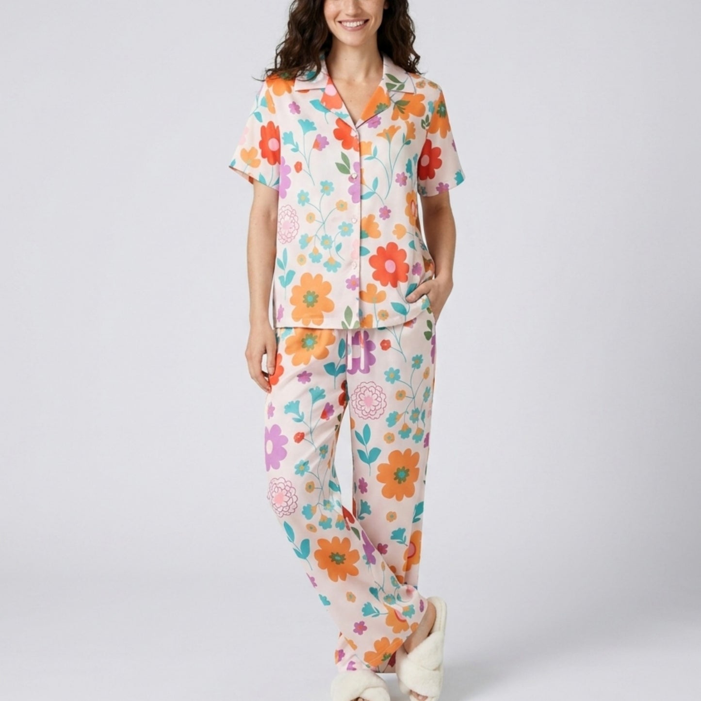2-Piece Floral Pajama Set with Short Sleeve Button Top and Wide Leg Pants