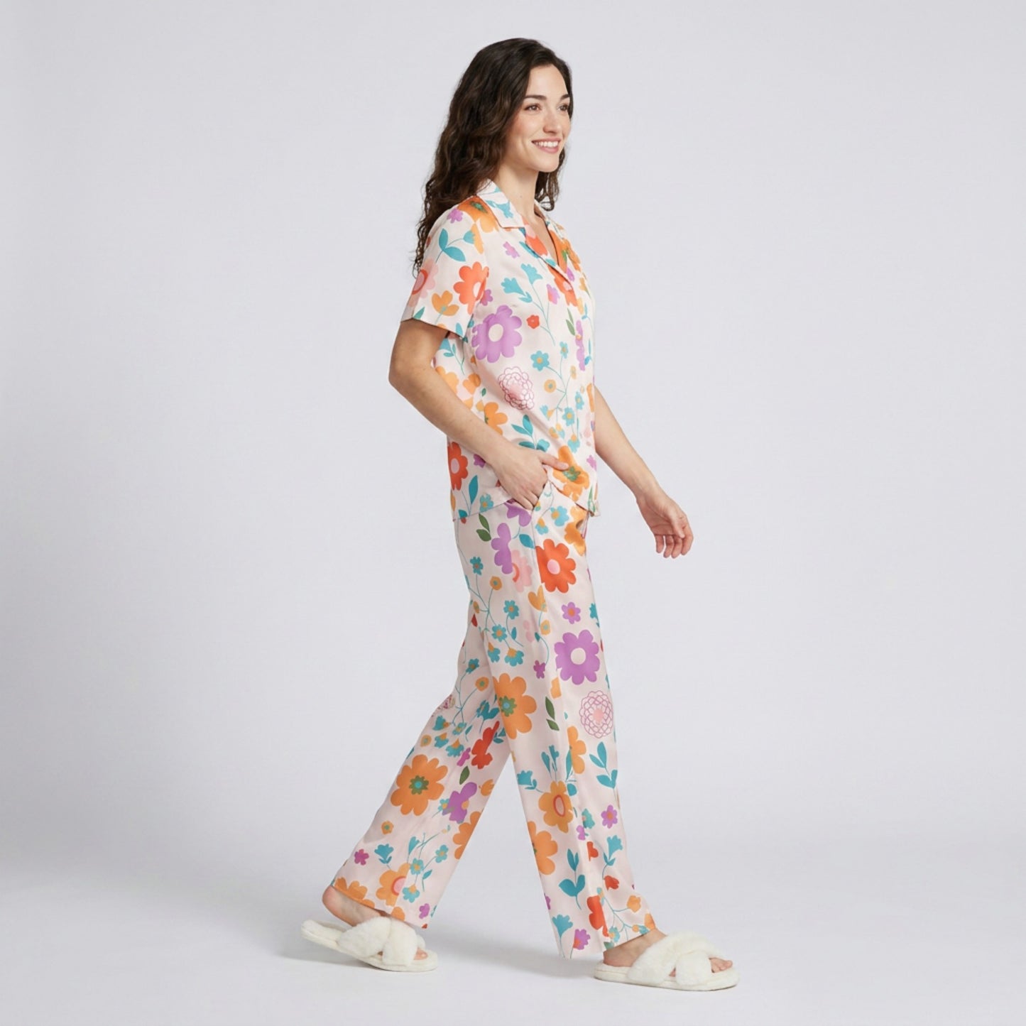 2-Piece Floral Pajama Set with Short Sleeve Button Top and Wide Leg Pants