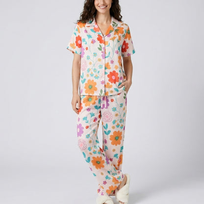 2-Piece Floral Pajama Set with Short Sleeve Button Top and Wide Leg Pants