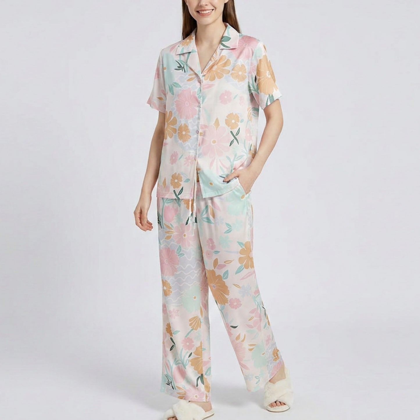 2-Piece Soft Floral Pajama Set with Short Sleeve Button Top and Wide Leg Pants
