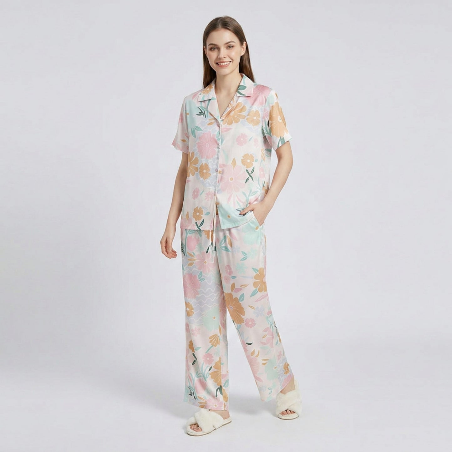 2-Piece Soft Floral Pajama Set with Short Sleeve Button Top and Wide Leg Pants