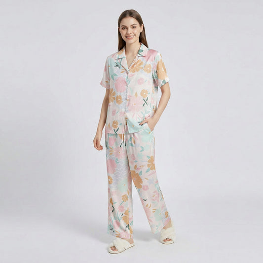 2-Piece Soft Floral Pajama Set with Short Sleeve Button Top and Wide Leg Pants